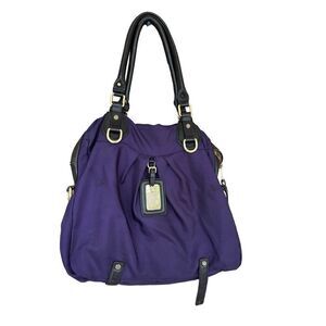 JPK Womens Purple Gold Tone Nylon Top Zip Closure Leather Double Handle Handbag